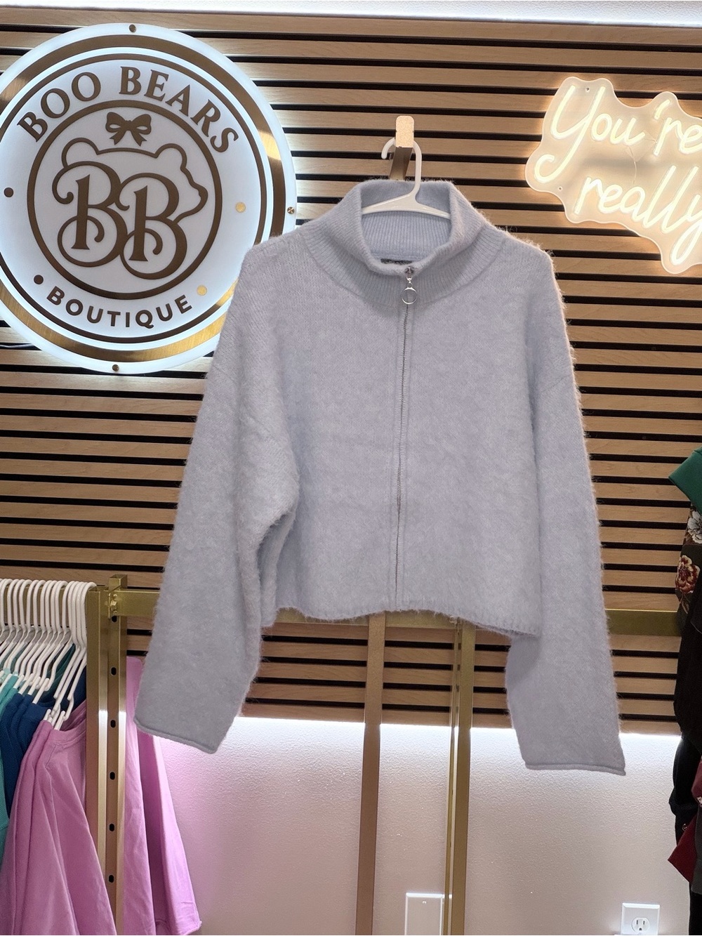 wild fable Pale Blue Fuzzy Zip-Front Mock Neck Sweater